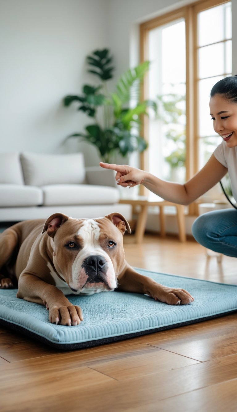 A Pitbull resting calmly on a mat in a bright living room while its owner points at the mat, demonstrating a training command.