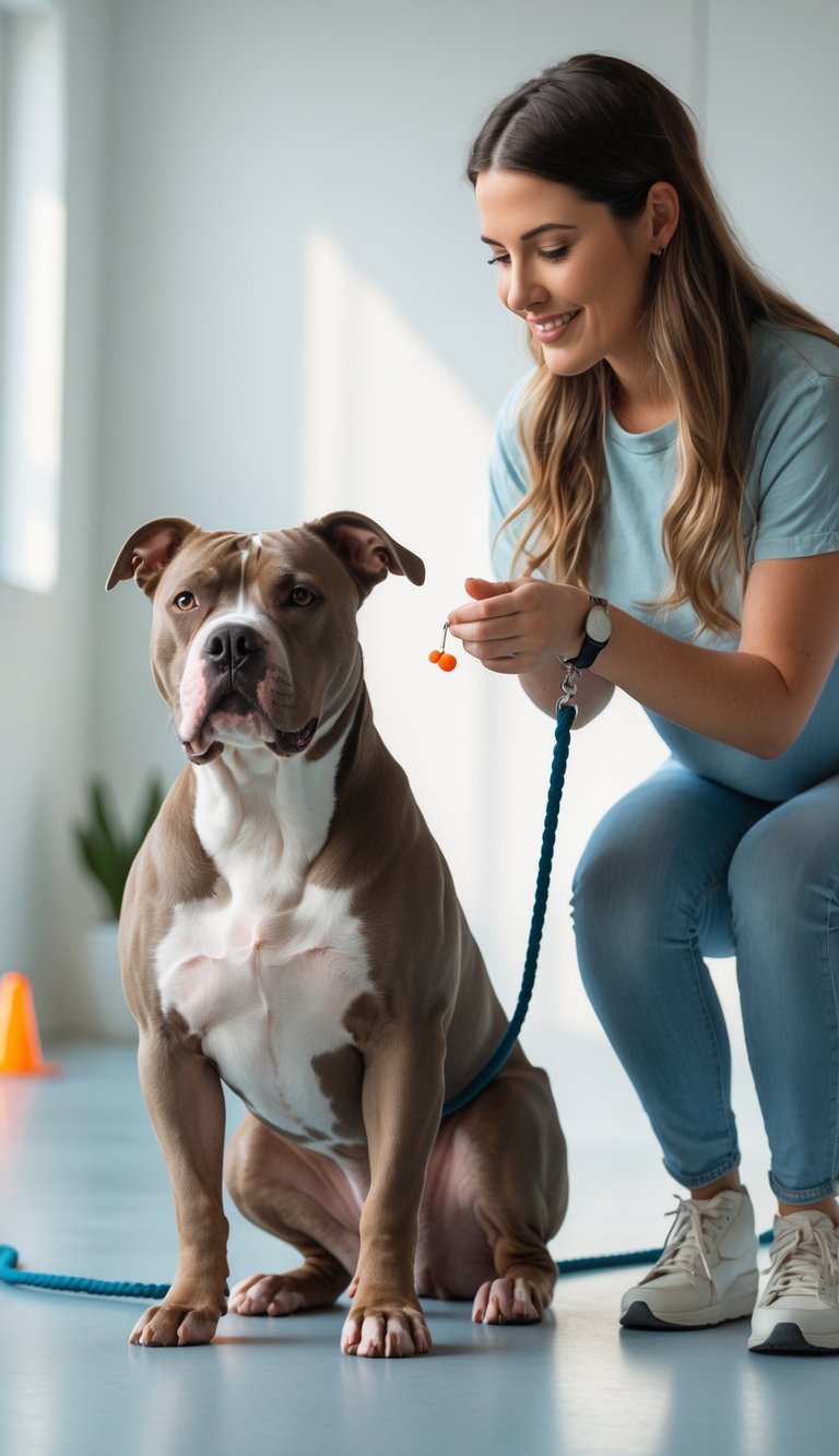A Pitbull sitting attentively next to its owner during a calm indoor training session.