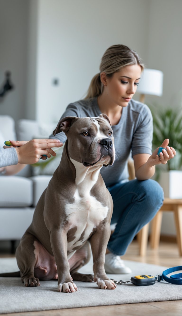 A mature Pitbull sitting calmly and attentively while its owner gives obedience commands in a bright living room.