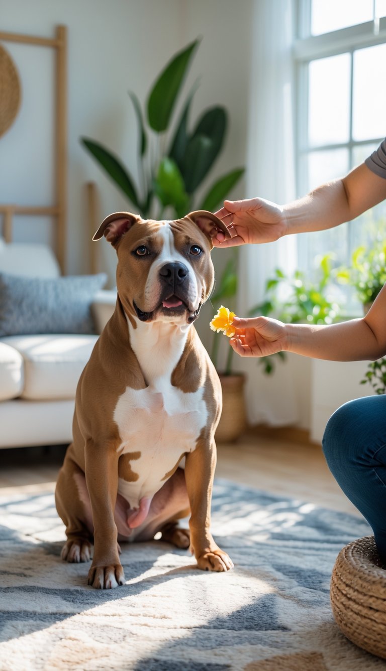 A Pitbull dog sitting attentively in a living room receiving a treat from a smiling owner.
