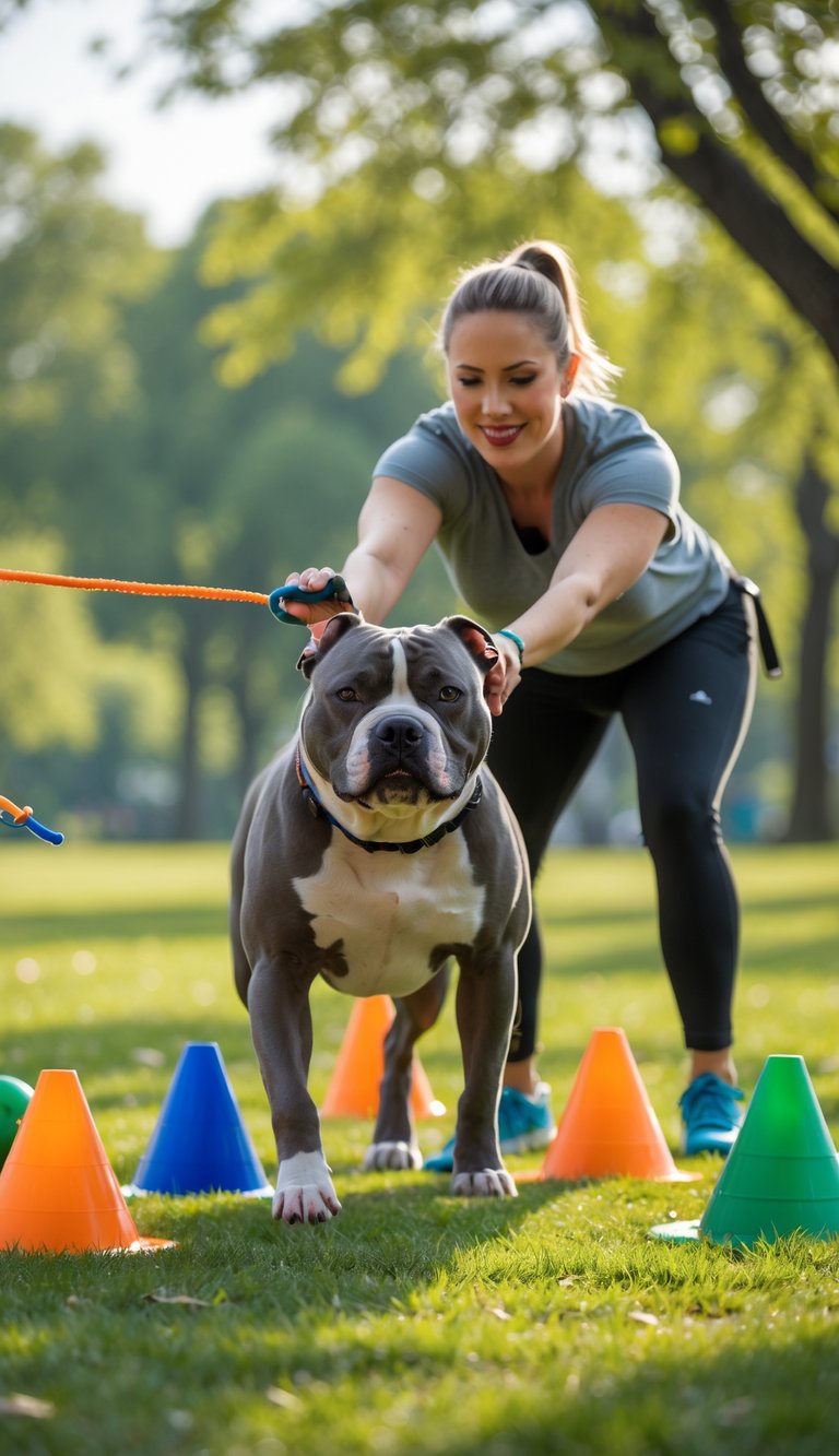 A Pitbull dog and its owner training together outdoors in a sunny park using colorful agility equipment.