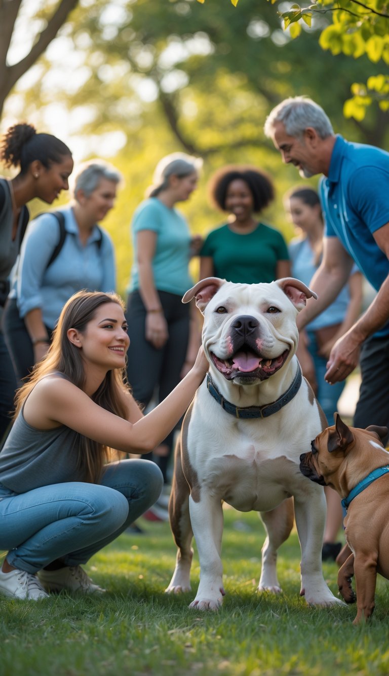 A Pitbull dog happily interacting with a young woman in a sunny park with other people and dogs nearby.