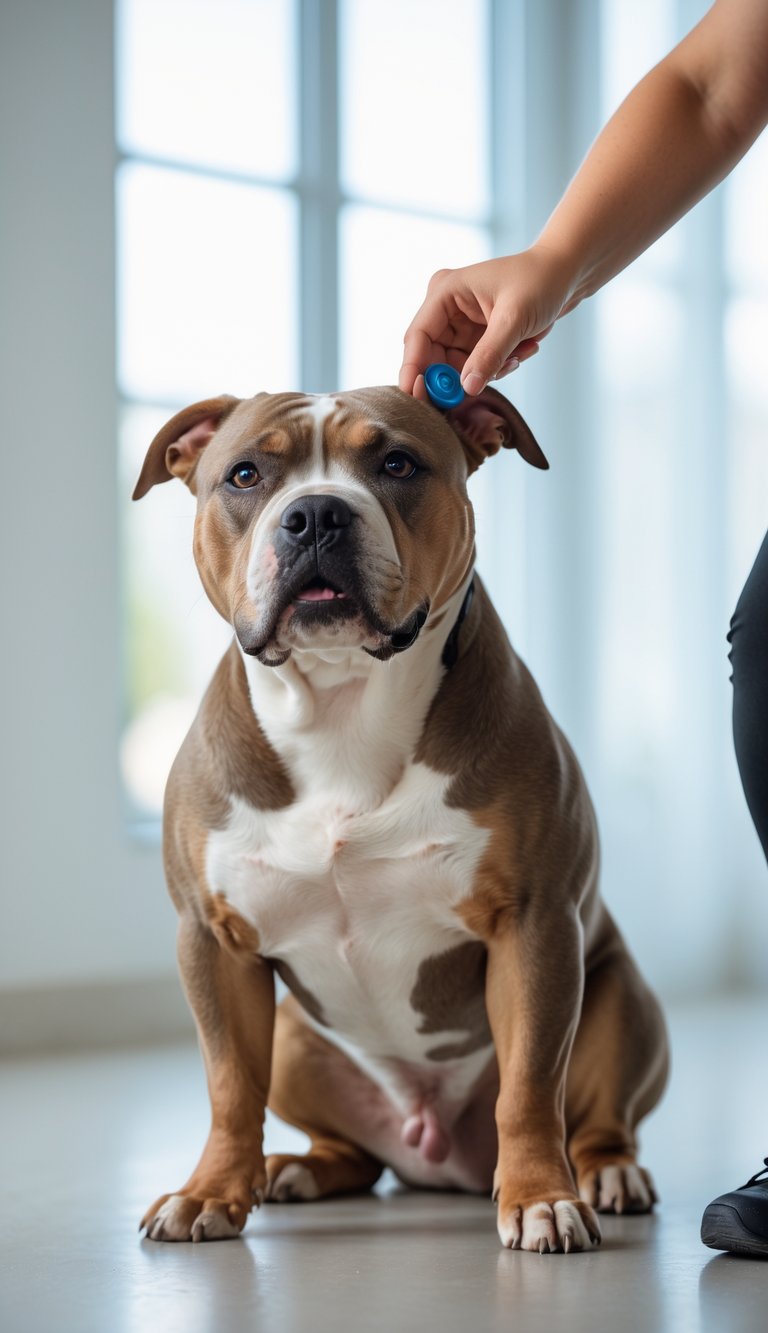 A Pitbull dog sitting attentively looking at a person holding a clicker in a bright indoor space.