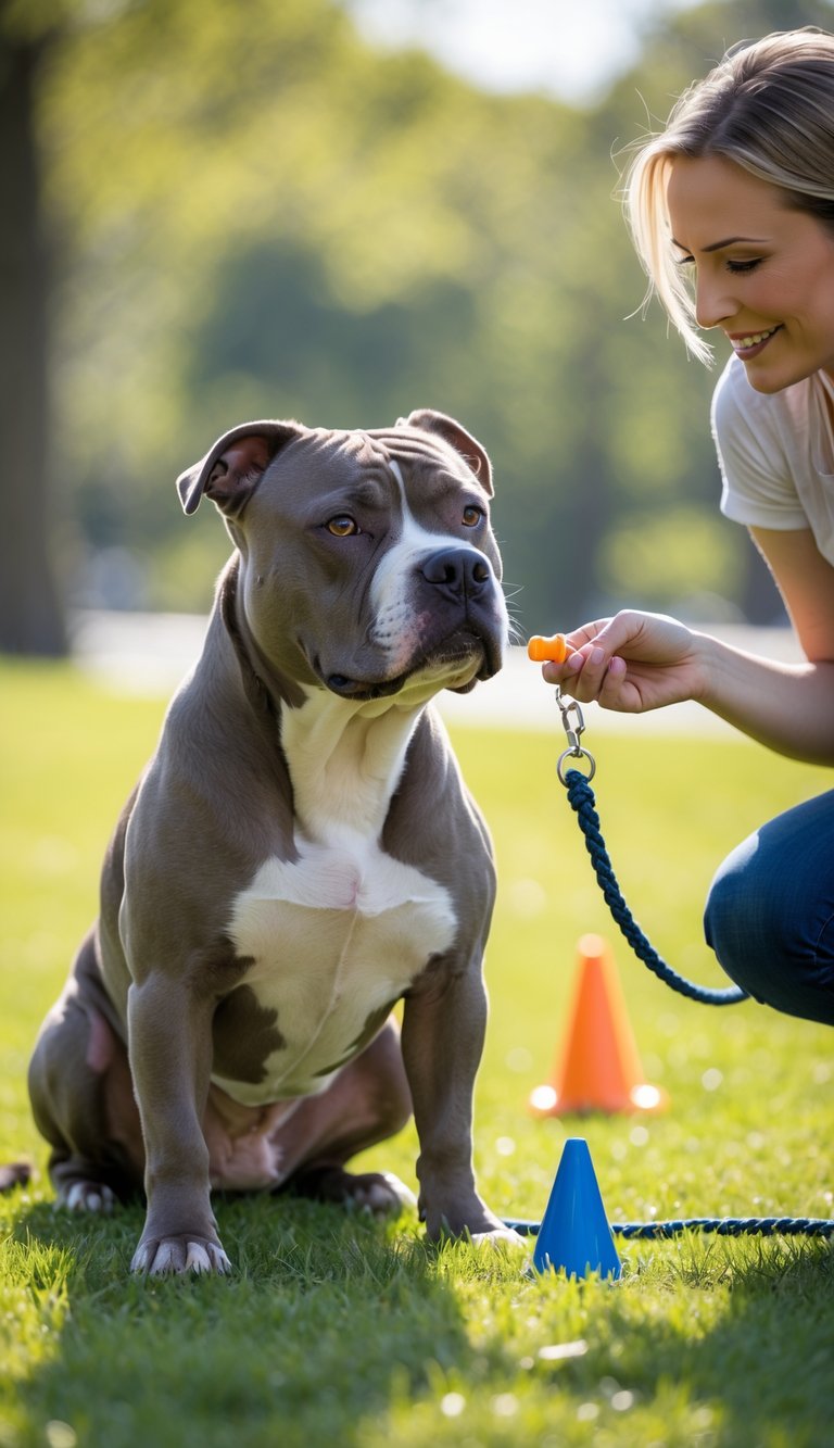 A Pitbull dog sitting attentively on grass while a person kneels nearby holding a treat during a training session in a park.