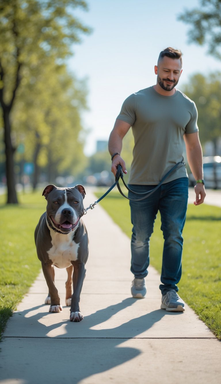 A Pitbull walking calmly on a leash beside its owner in a park.