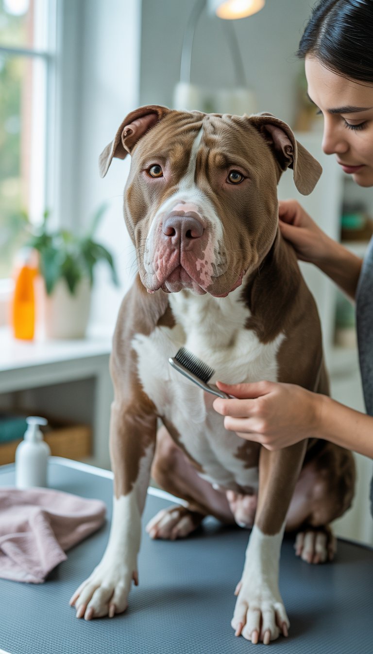 A person gently grooming a happy Pitbull dog indoors with grooming tools.