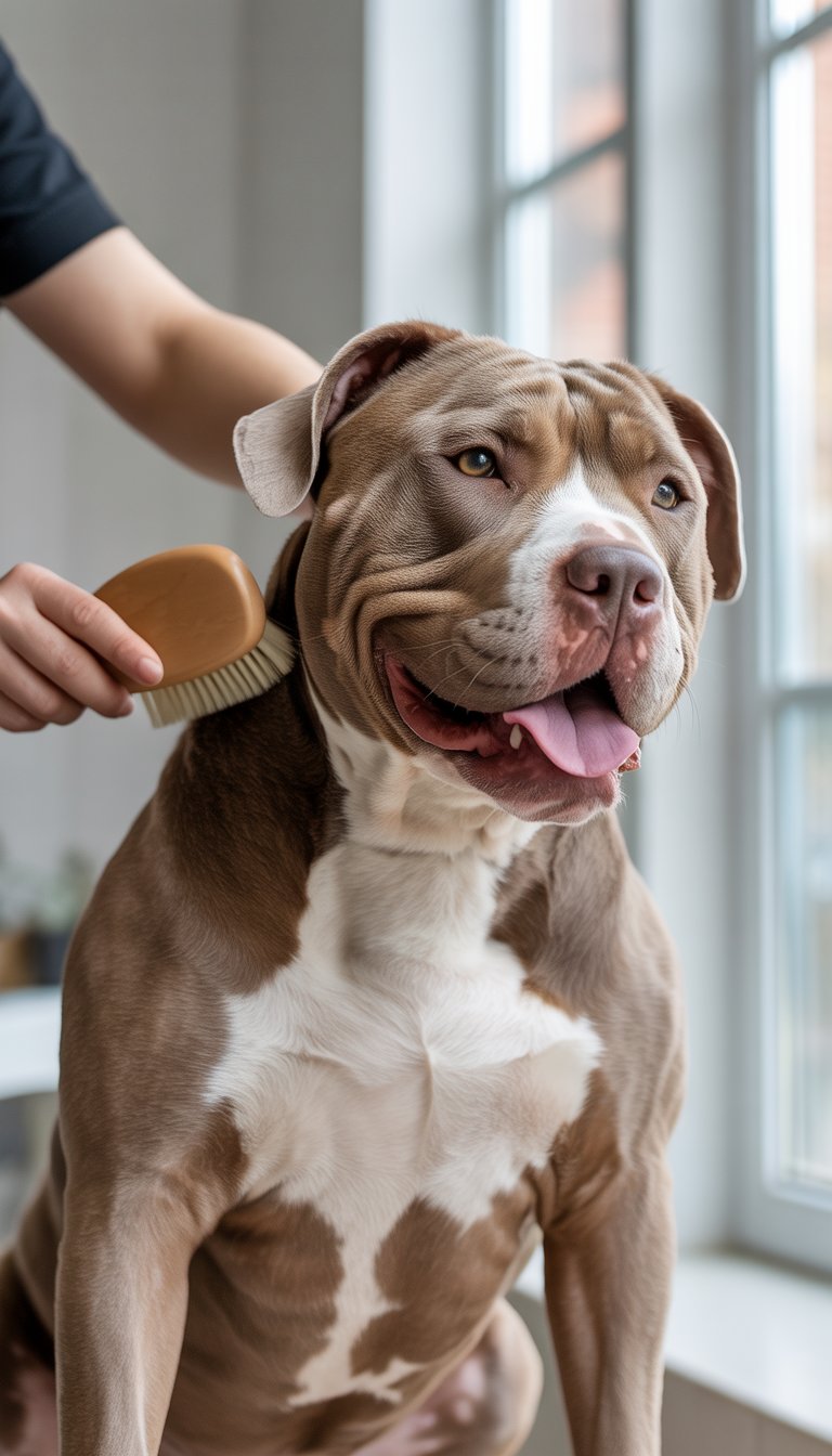 A person brushing a happy Pitbull's coat with a soft-bristle brush indoors.