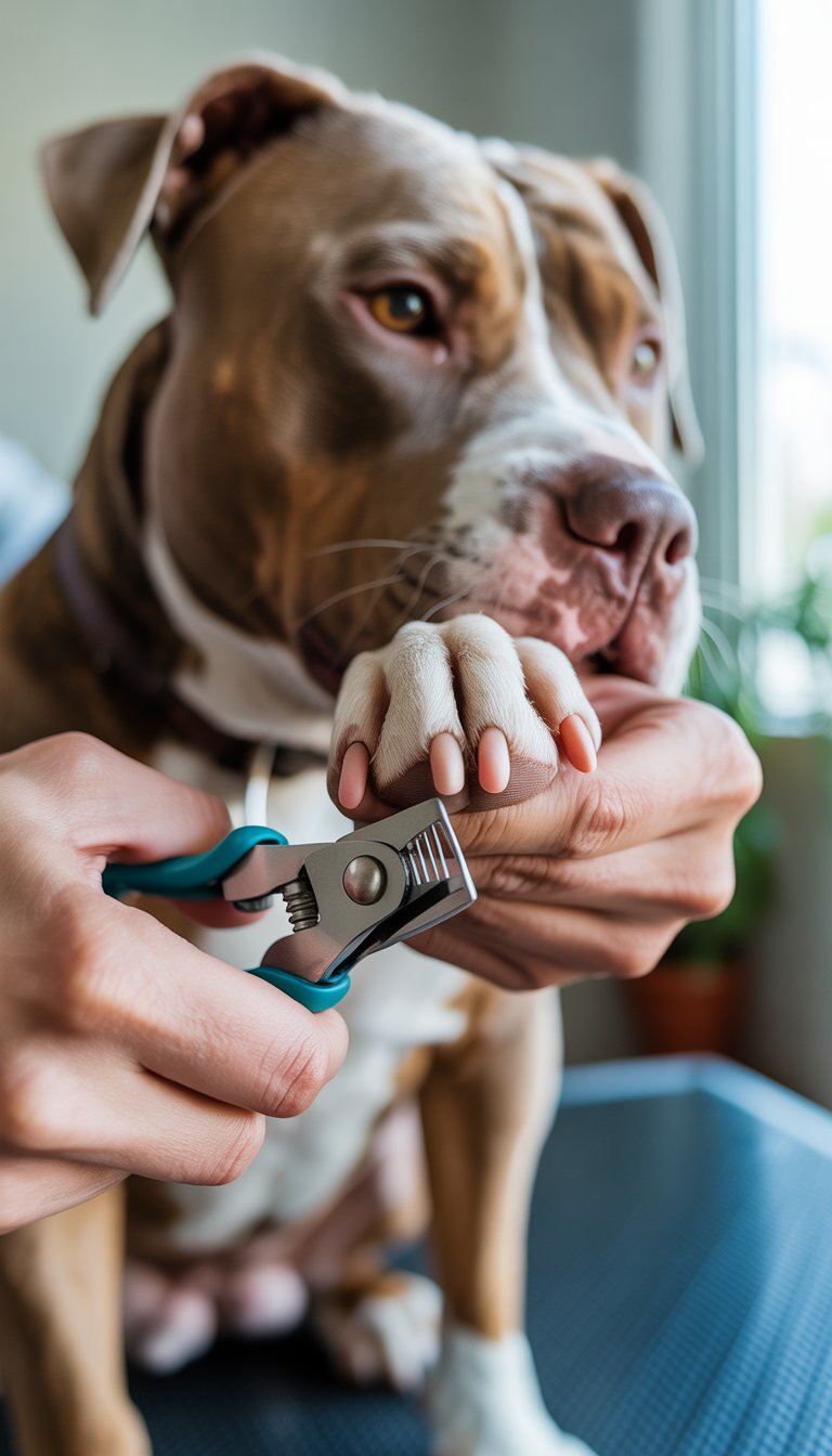 A person carefully trimming a Pitbull's nails with a dog nail clipper.