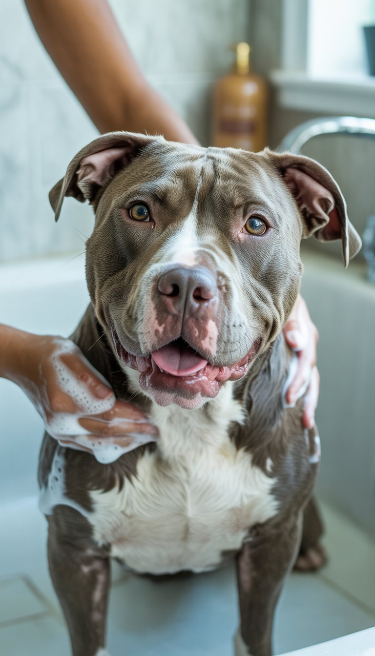 A Pitbull being gently bathed by its owner with mild shampoo in a clean bathroom.