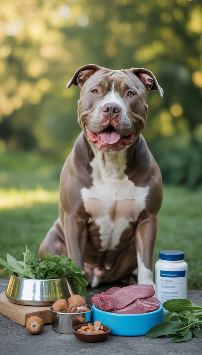 A happy Pitbull with a shiny coat sitting outdoors surrounded by healthy food and supplements.