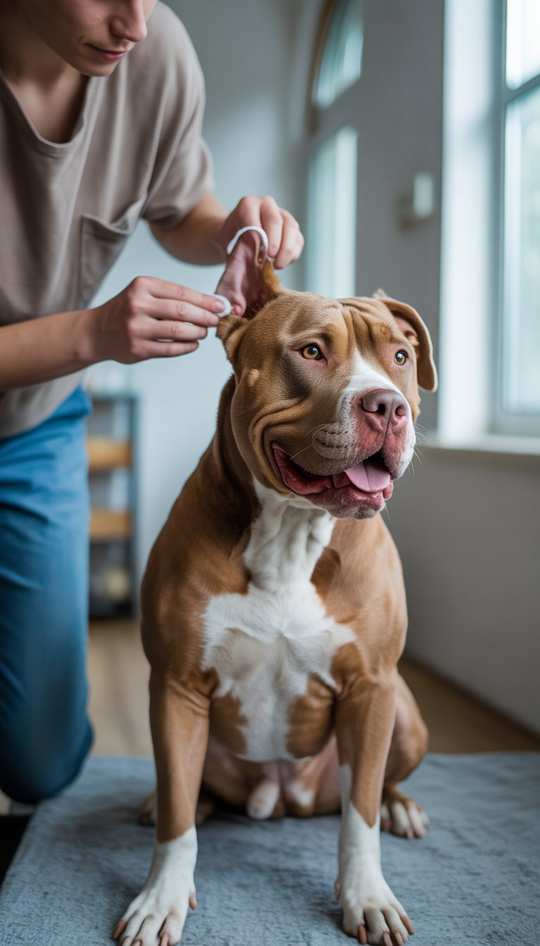 A person gently cleaning the ear of a calm Pitbull dog indoors.