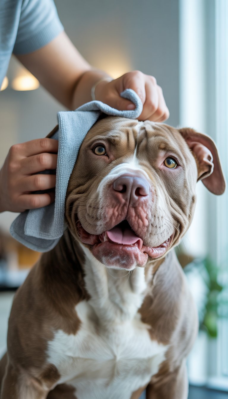 A person gently wiping the face of a happy Pitbull dog with a soft cloth.