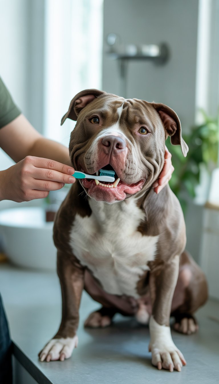 A person brushing a pitbull's teeth with a dog-specific toothbrush in a bright bathroom.