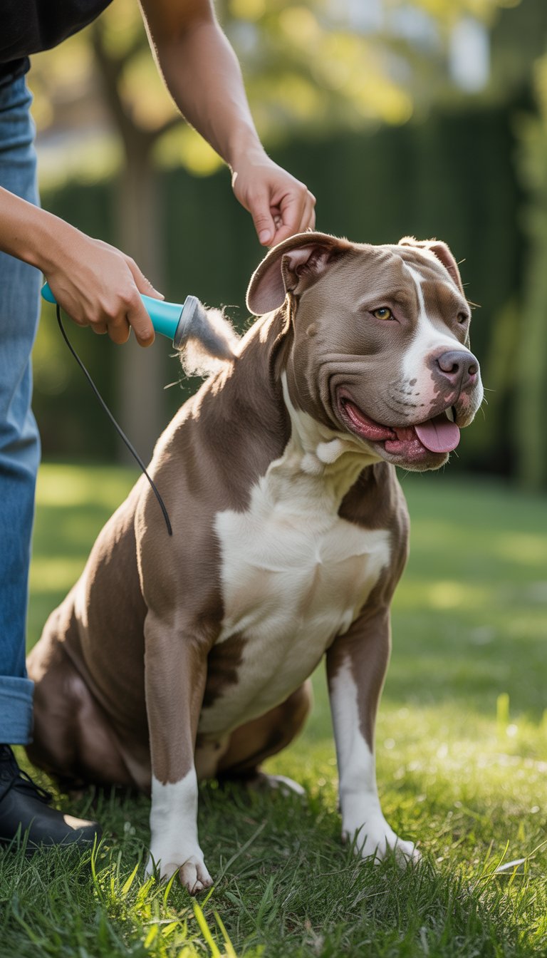A person using a deshedding tool to groom a calm Pitbull dog outdoors in a sunny backyard.