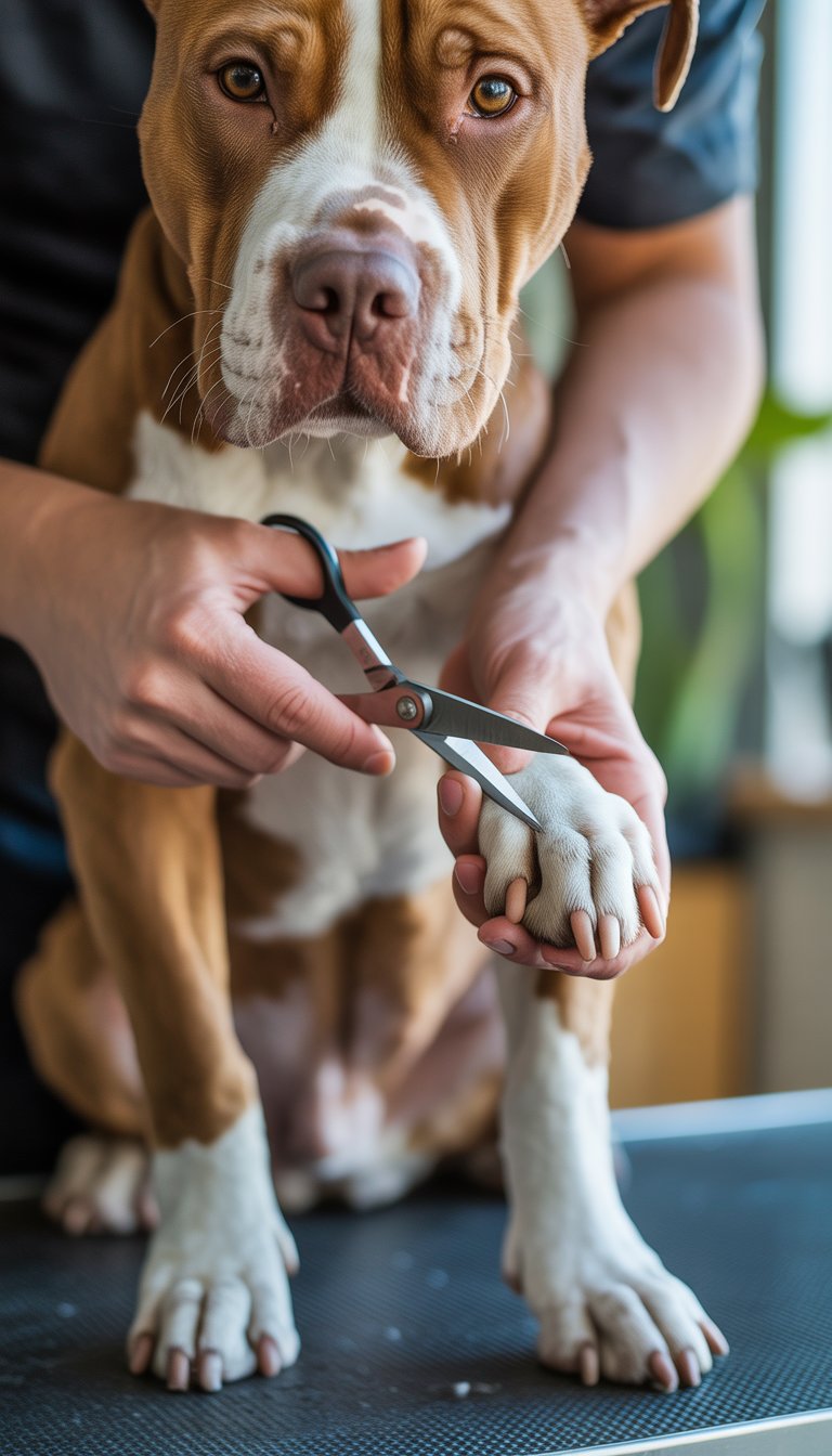 Close-up of a person trimming excess hair around a pitbull's paws to keep them clean and healthy.