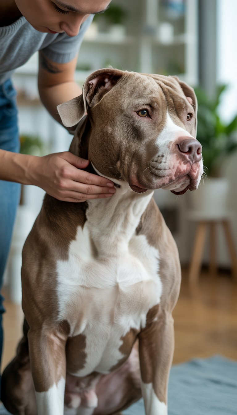 A person gently inspecting the skin of a calm Pitbull dog indoors.