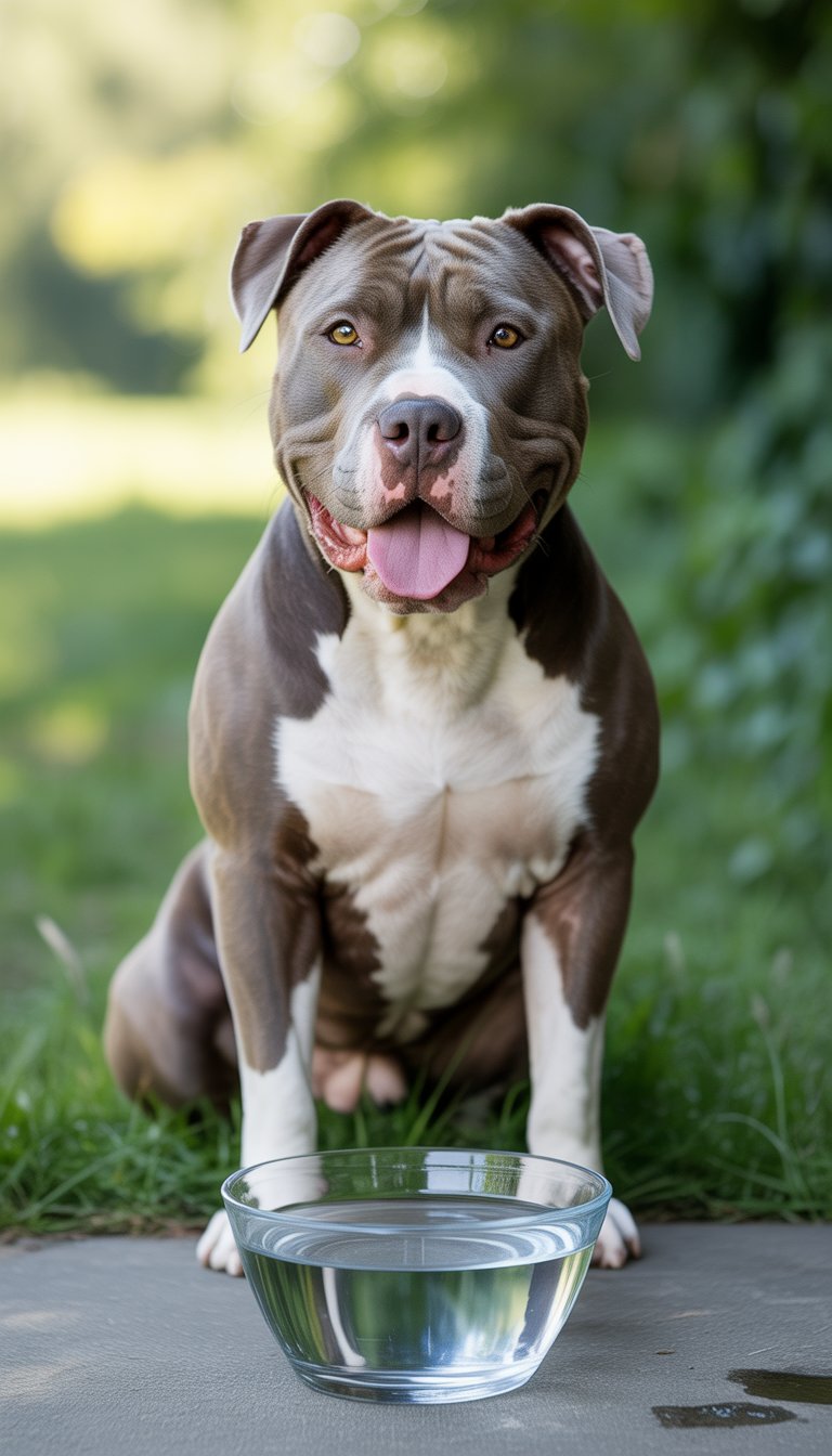 A happy Pitbull dog sitting outdoors next to a bowl of fresh water.