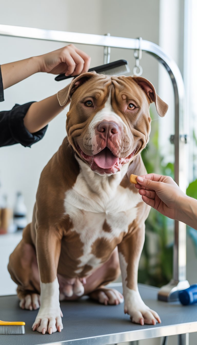 A happy pitbull being gently brushed during a grooming session while receiving a treat.