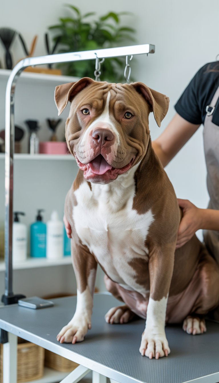 A happy Pitbull dog sitting calmly on a grooming table with a professional groomer gently holding it in a clean pet grooming salon.