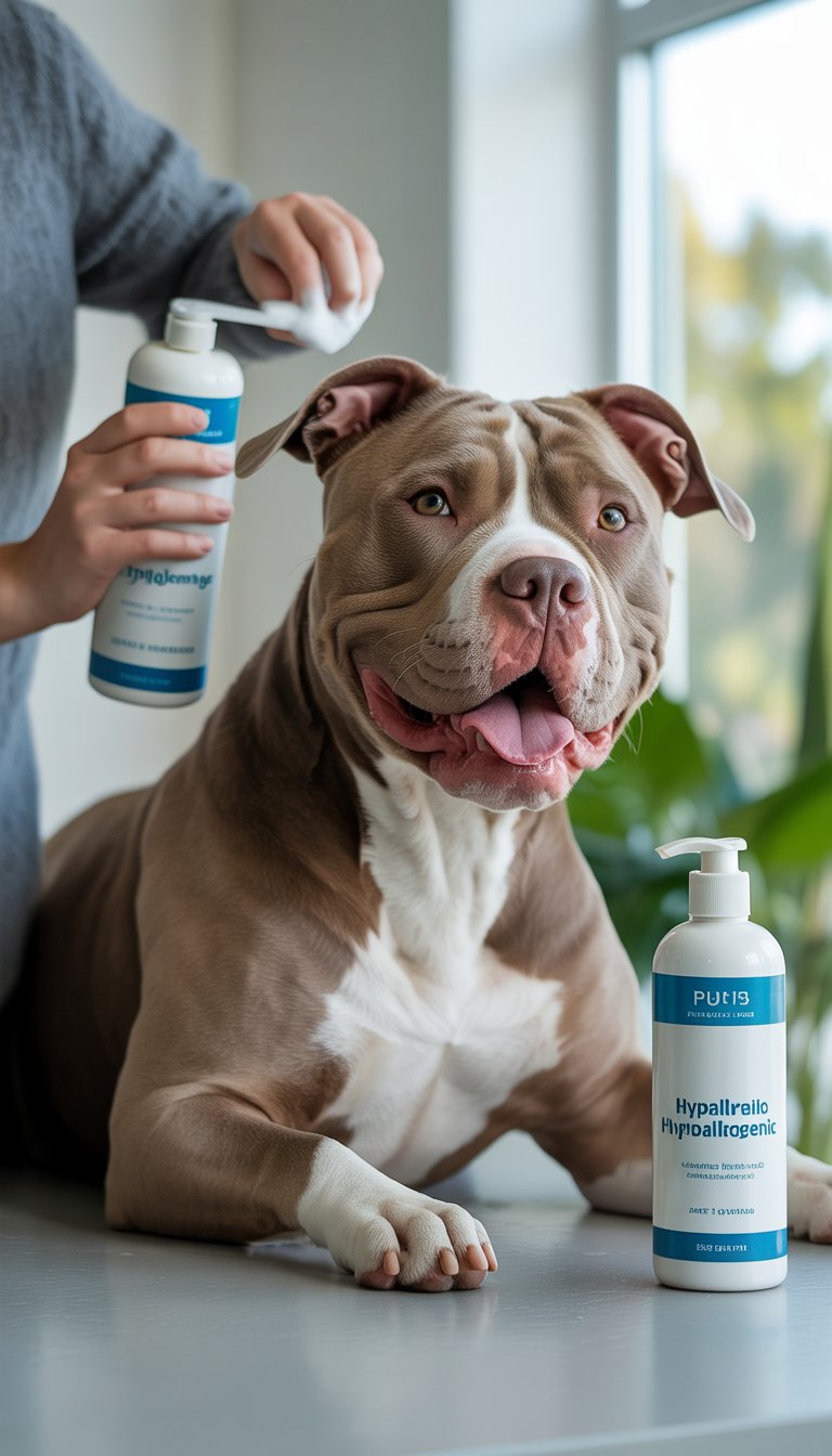 A Pitbull dog being gently groomed by a person using hypoallergenic products in a bright indoor setting.