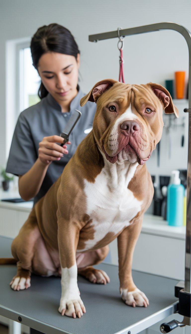 A pitbull dog sitting calmly on a grooming table while a groomer trims its fur in a clean pet grooming salon.