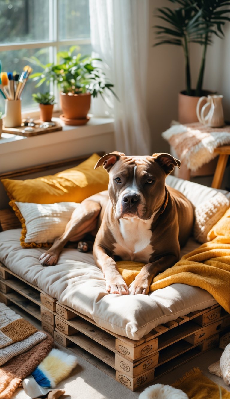A pitbull resting comfortably on a handmade dog bed surrounded by craft supplies in a cozy, sunlit room.