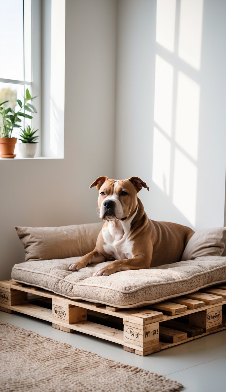 A pitbull dog resting comfortably on a plush cushion placed on a wooden pallet dog bed in a bright indoor room.