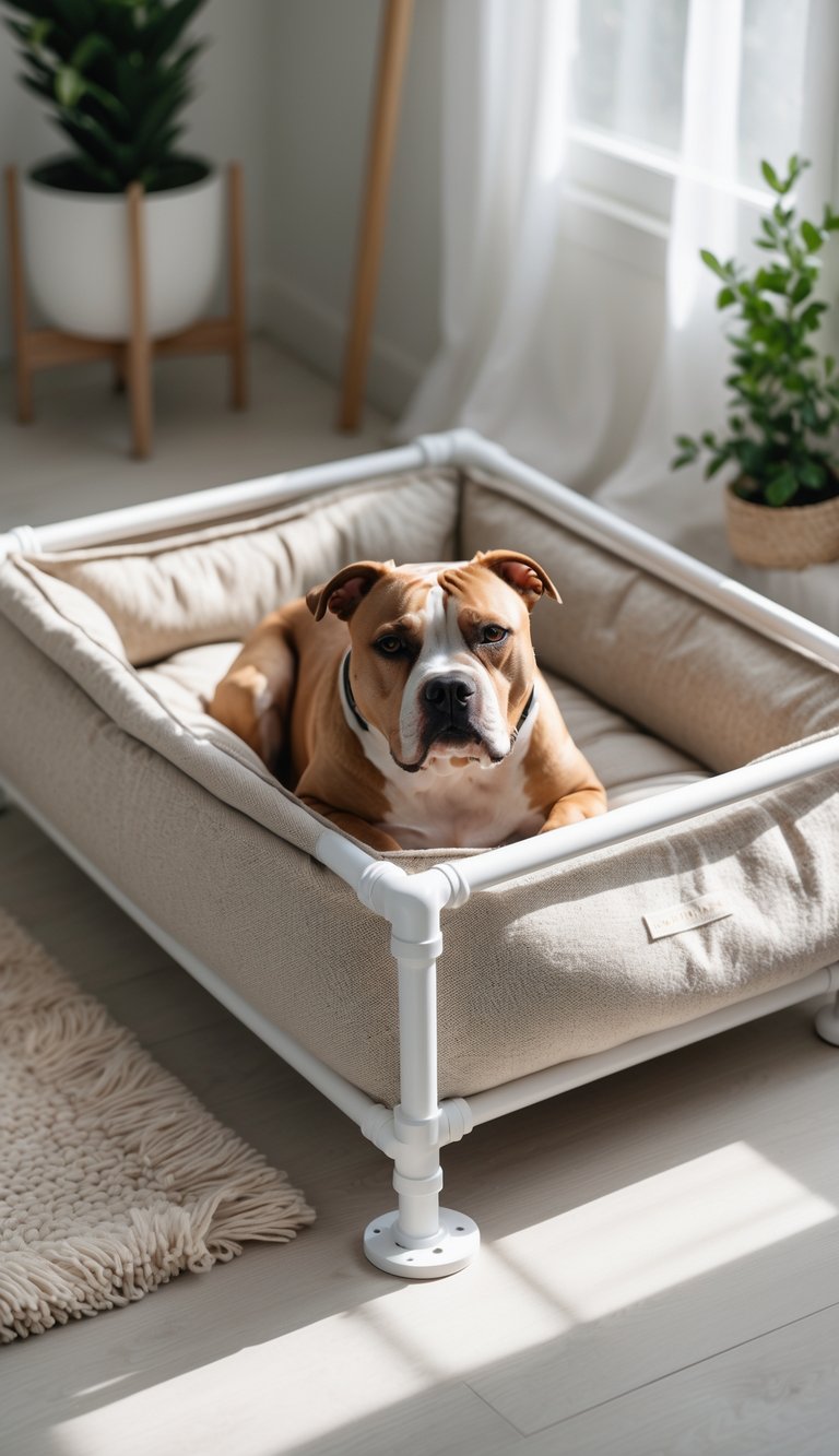A pitbull dog resting comfortably on a cozy dog bed with a white PVC pipe frame and a removable fabric cover in a bright indoor room.