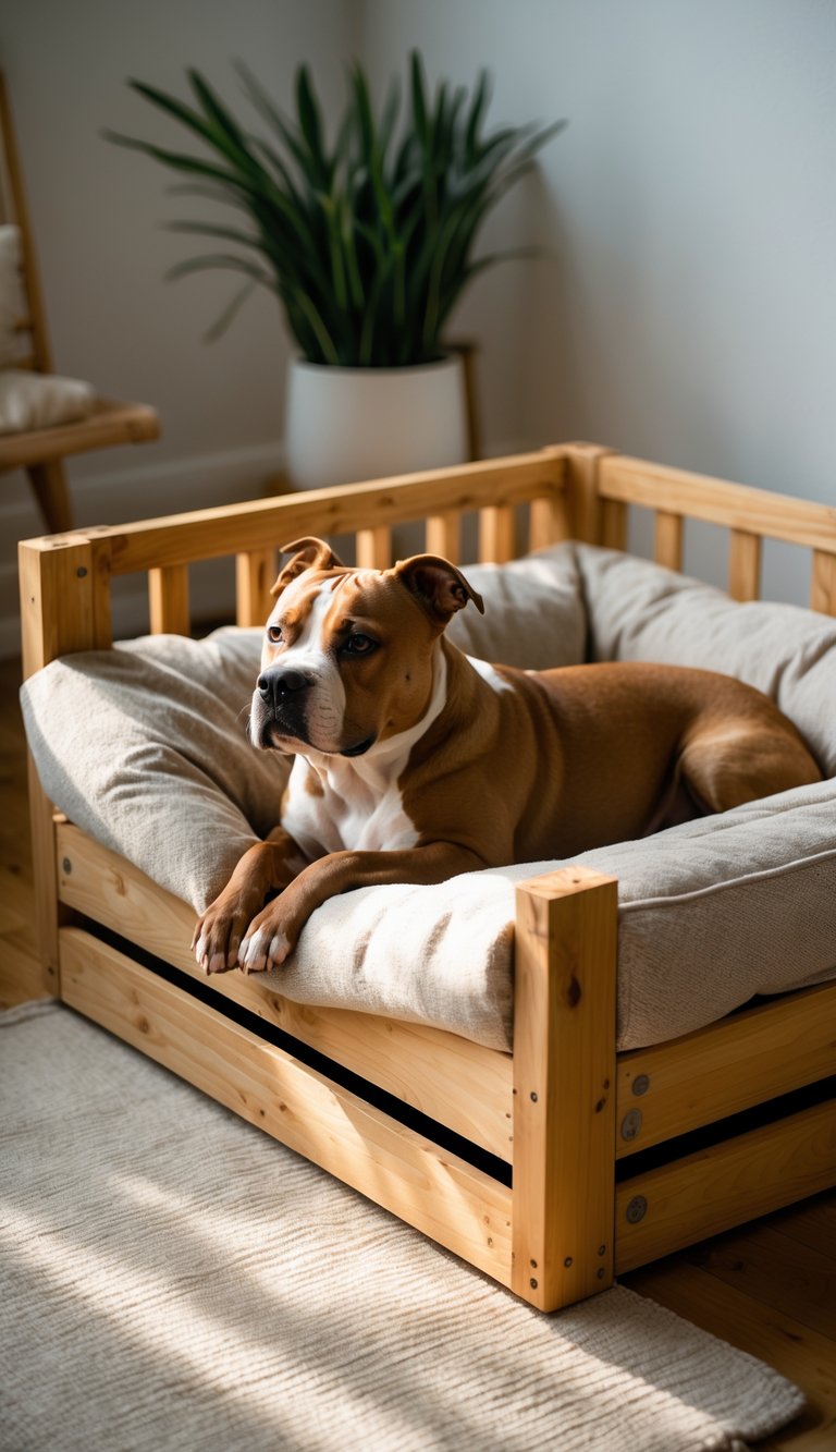 A pitbull dog resting comfortably inside a wooden crate bed with a soft foam cushion in a cozy indoor setting.