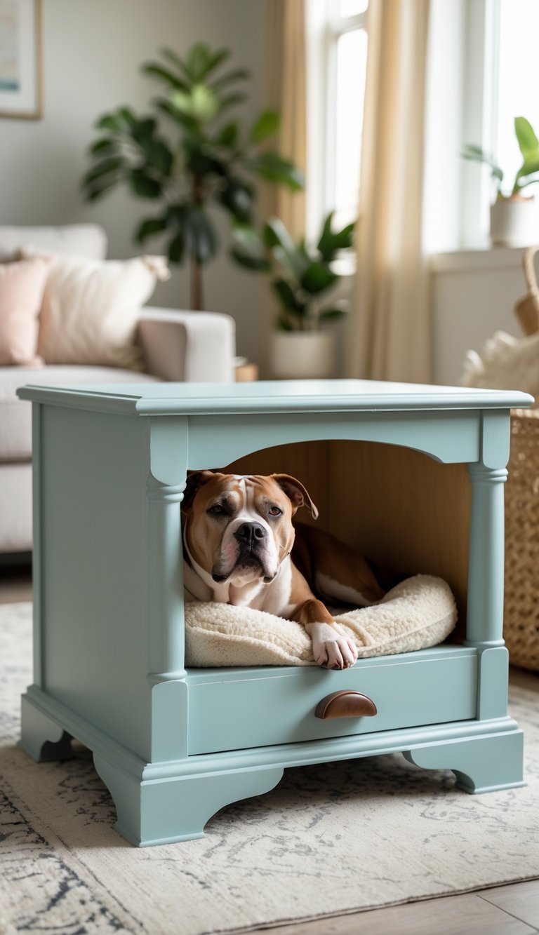 A painted side table converted into a pet bed with a cozy pillow, with a Pitbull dog resting inside in a bright living room.