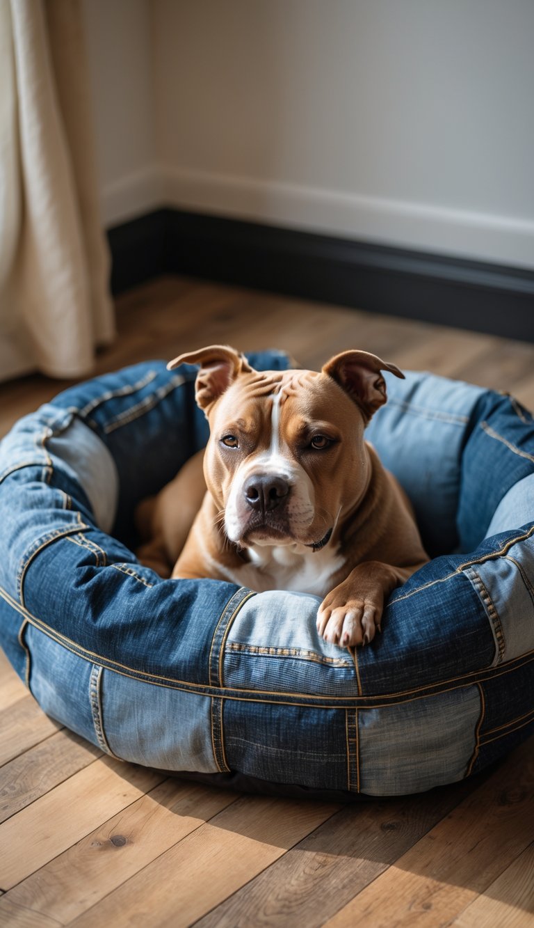 A pitbull dog resting comfortably in a denim patchwork dog bed on a wooden floor indoors.