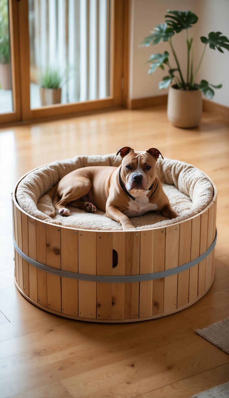 A medium-sized pitbull dog resting on a cushioned bed made from a repurposed wooden cable spool in a bright living room.