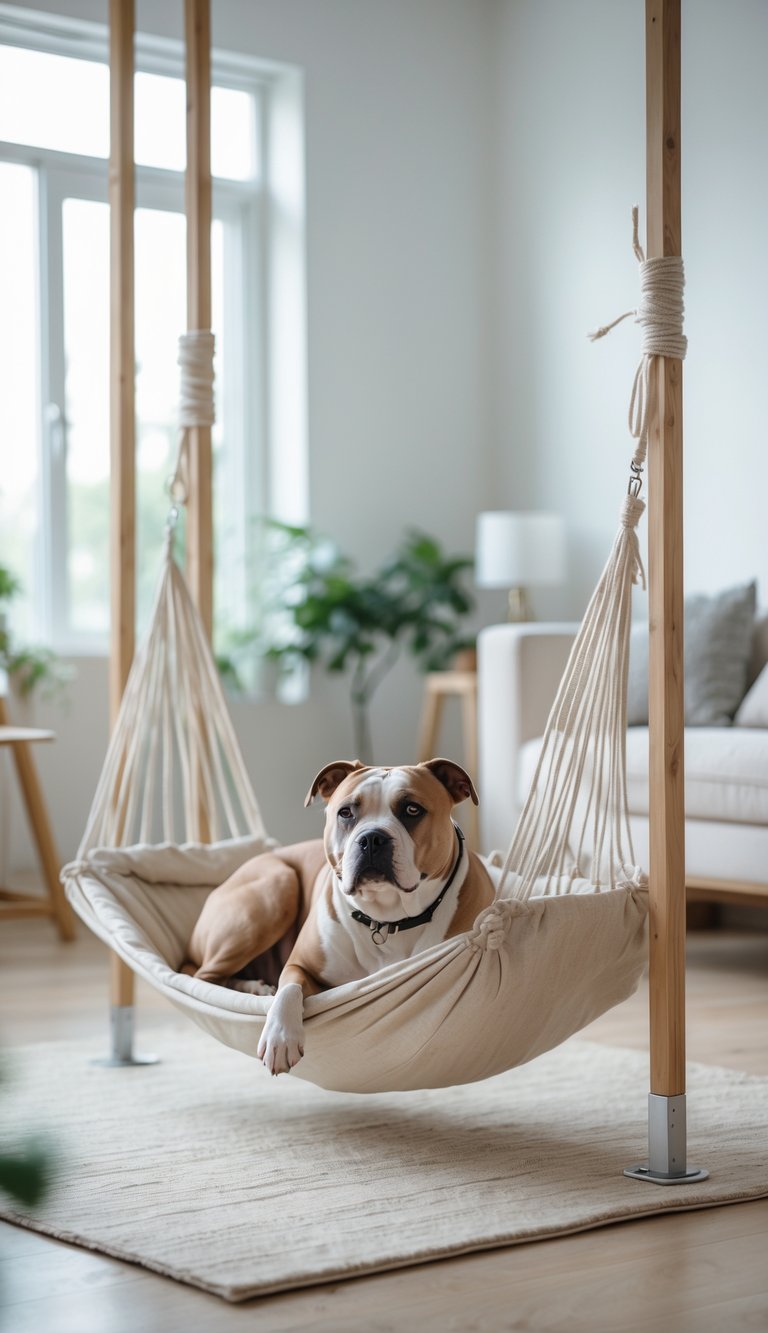 A Pitbull resting comfortably on a canvas hammock dog bed indoors in a bright living room.