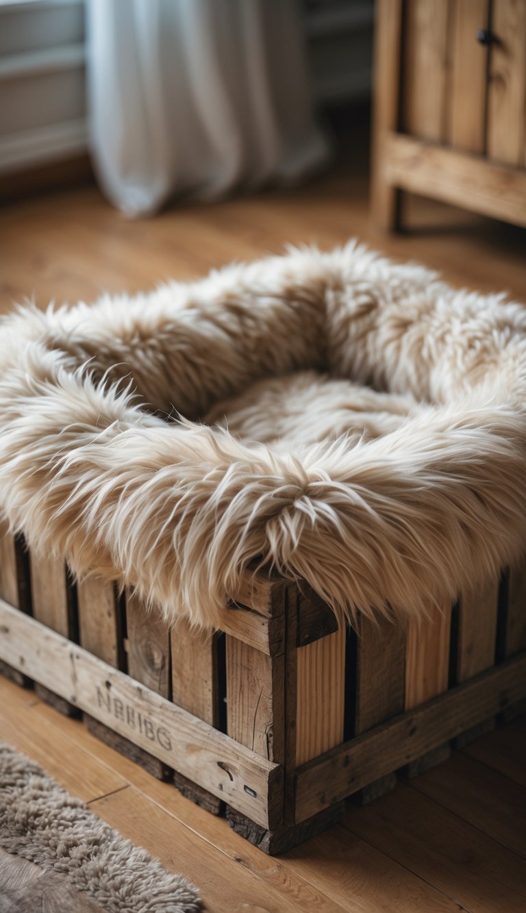 Rustic wooden crate lined with soft faux fur used as a dog bed on a wooden floor indoors.