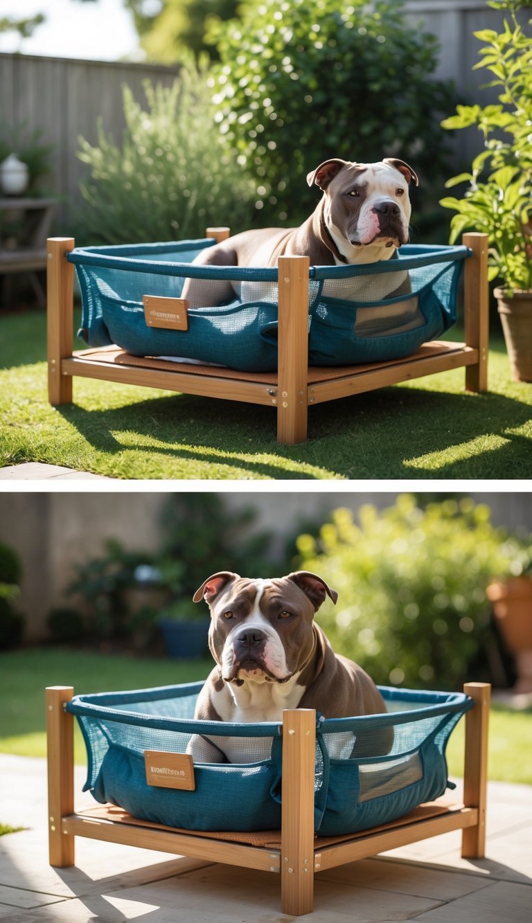 A pitbull dog resting on an elevated outdoor dog bed with breathable mesh in a backyard setting.
