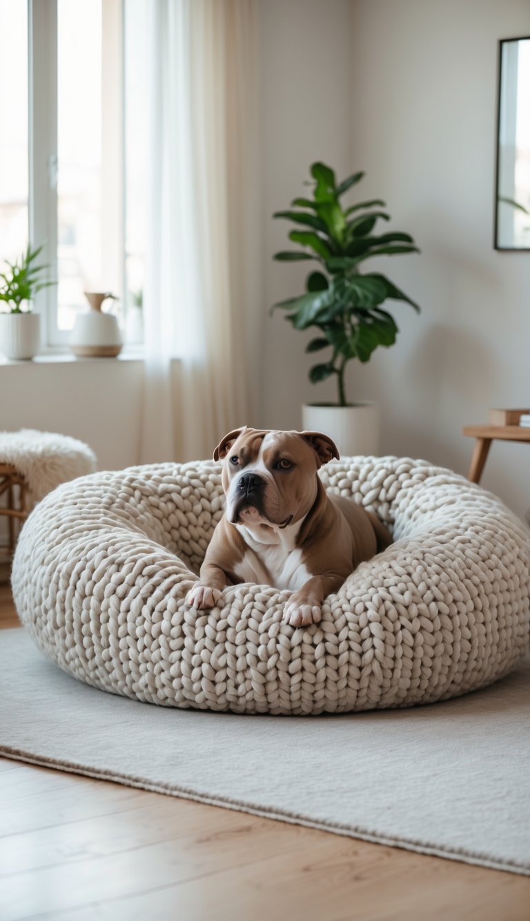 A pitbull dog resting comfortably on a large knitted pillow bed in a bright living room.
