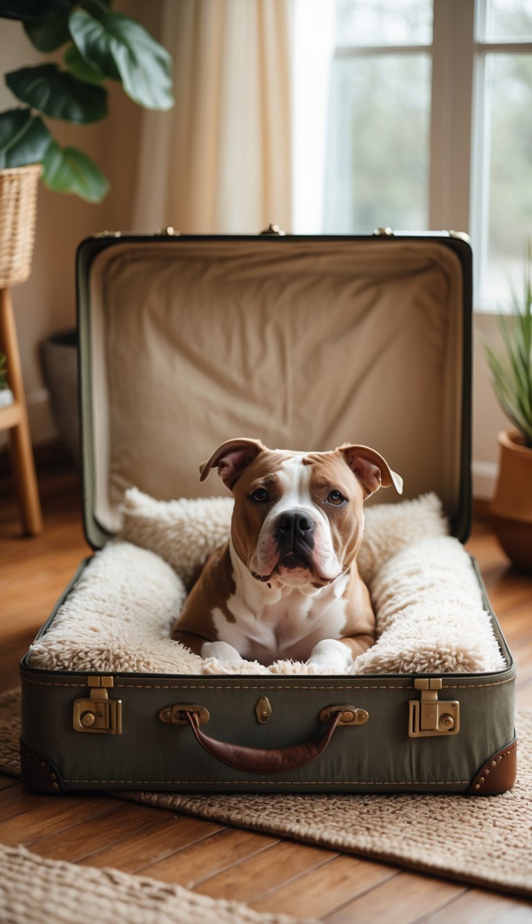 A pitbull dog lying comfortably inside a vintage suitcase bed with soft padding on a wooden floor in a cozy room.