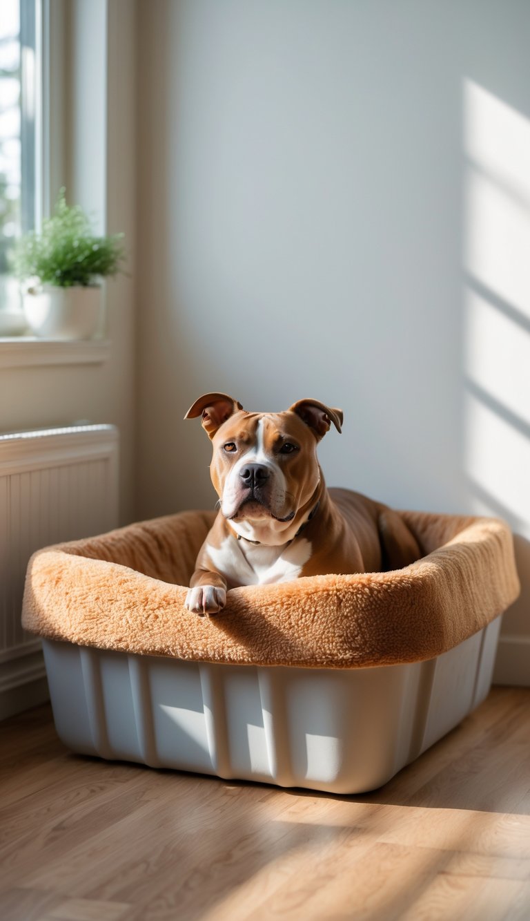 A pitbull dog resting comfortably inside a DIY dog bed made from a plastic storage bin with a foam top, placed on a wooden floor near a window.