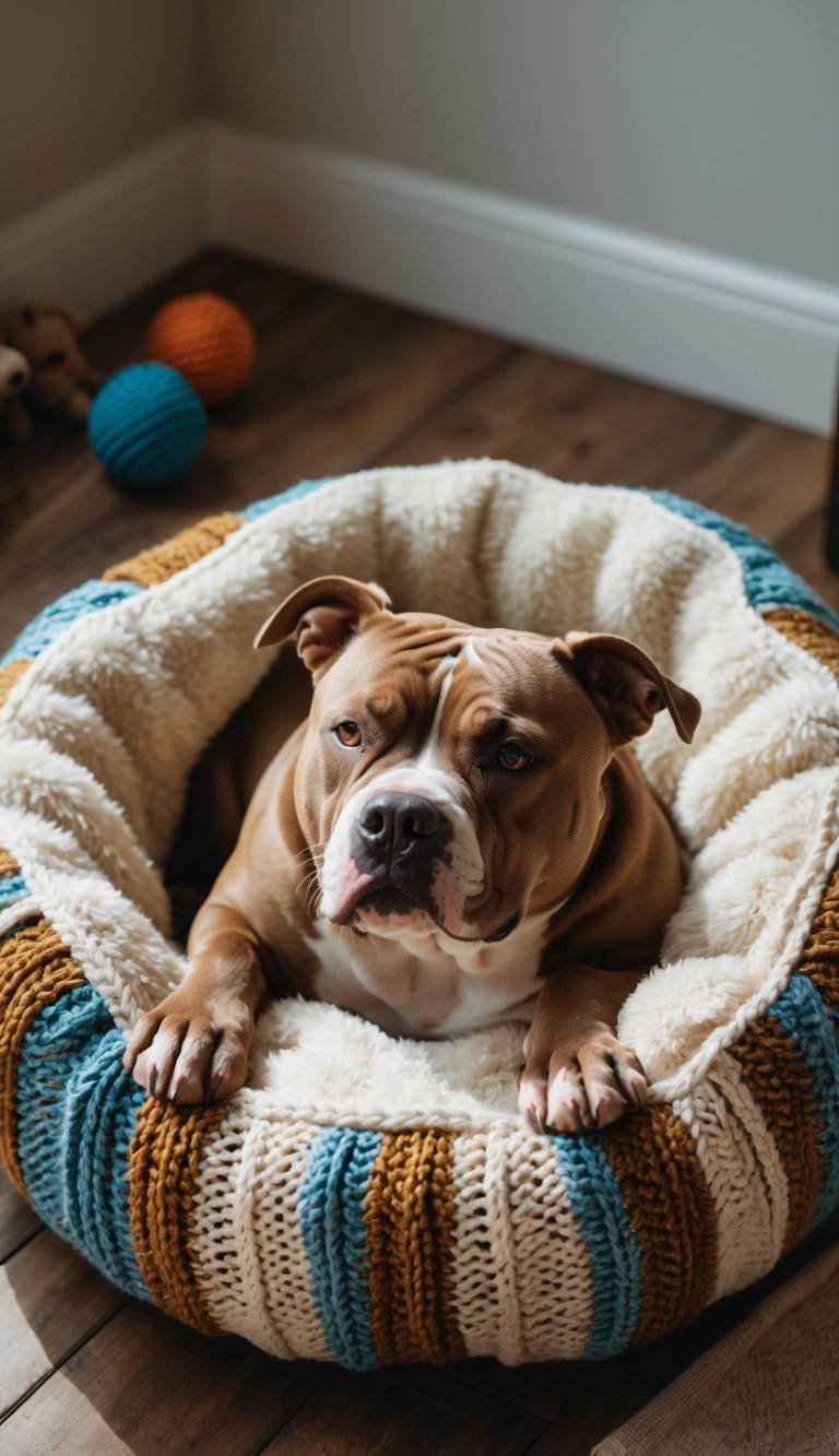A pitbull dog resting comfortably in a soft dog bed made from an upcycled sweater indoors.