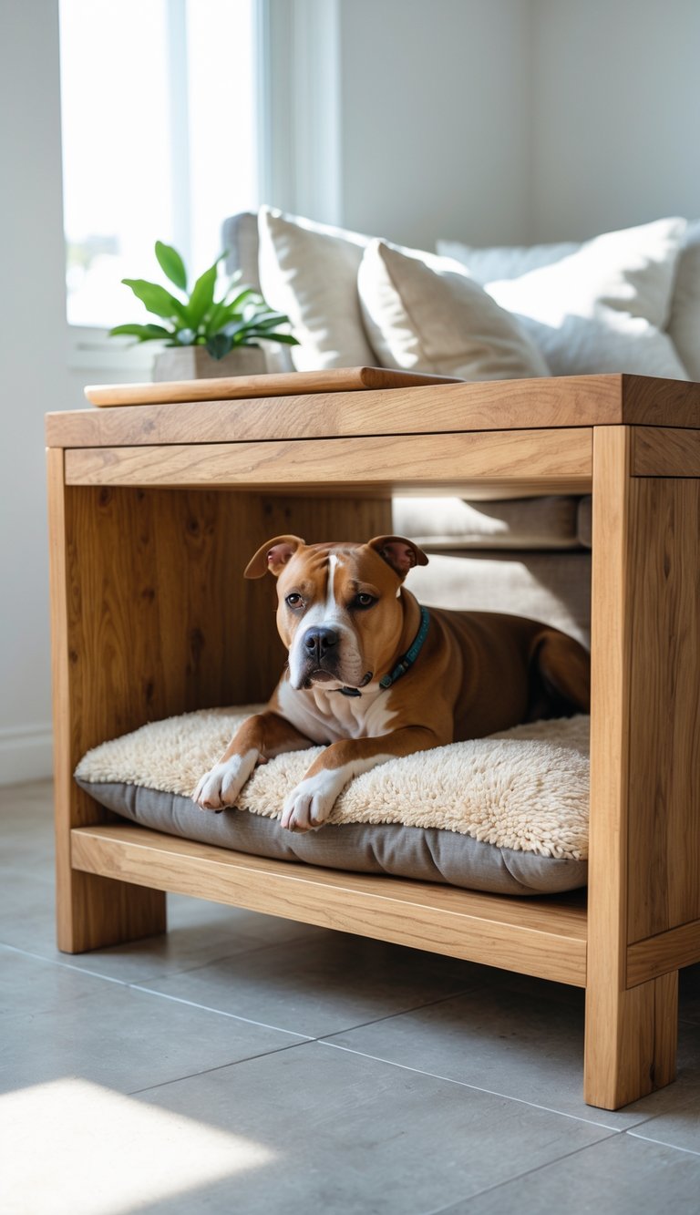 A pitbull dog resting comfortably on a cushioned bed built into a wooden end table in a bright living room.