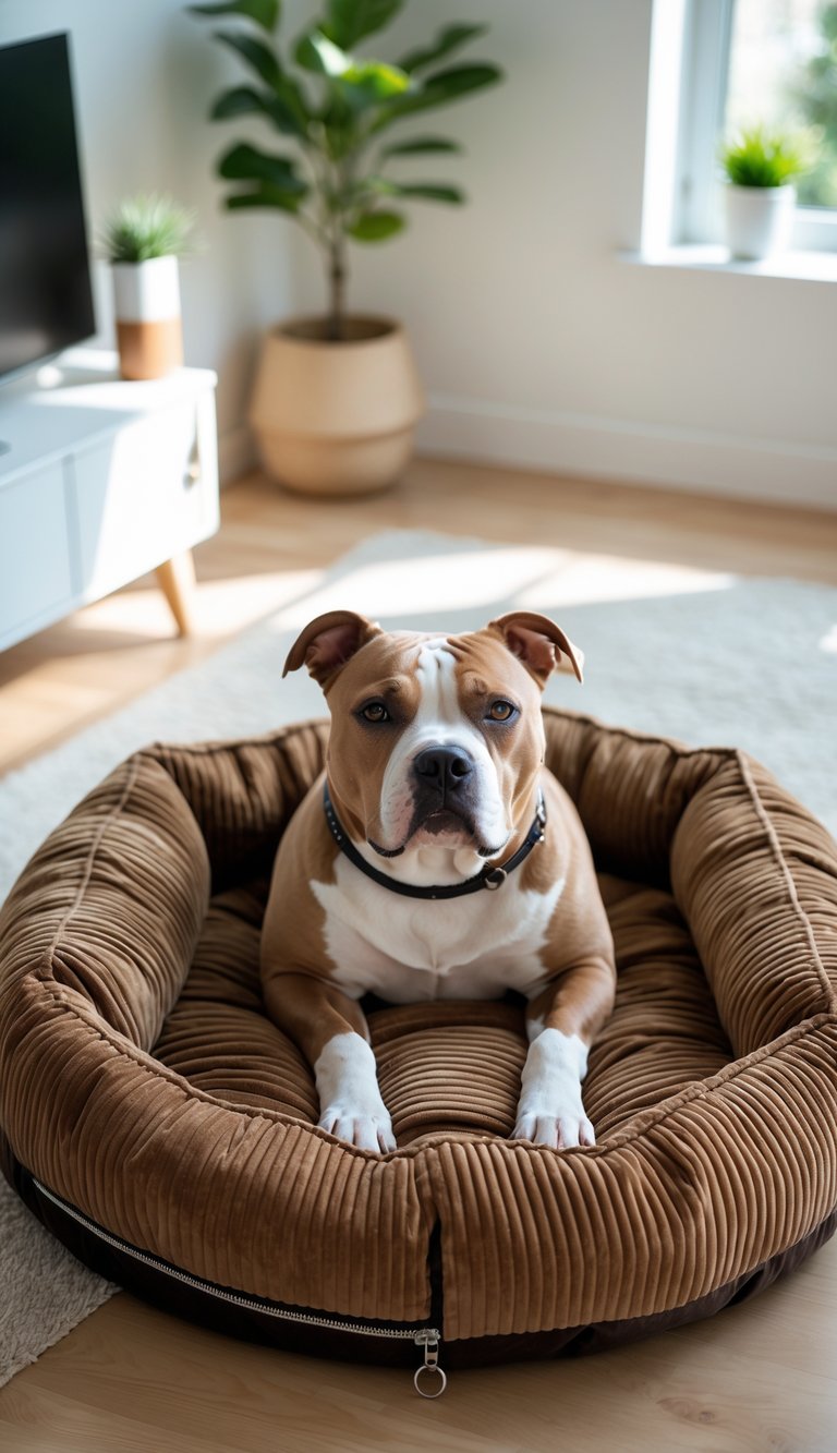 A pitbull dog resting comfortably in a brown corduroy fabric dog bed with a zipper cover in a bright living room.