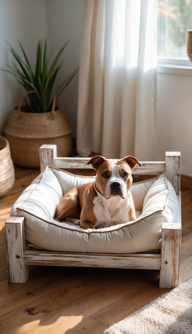 A cozy dog bed with a wooden frame and soft cushion placed indoors on a wooden floor with a plant and basket nearby.