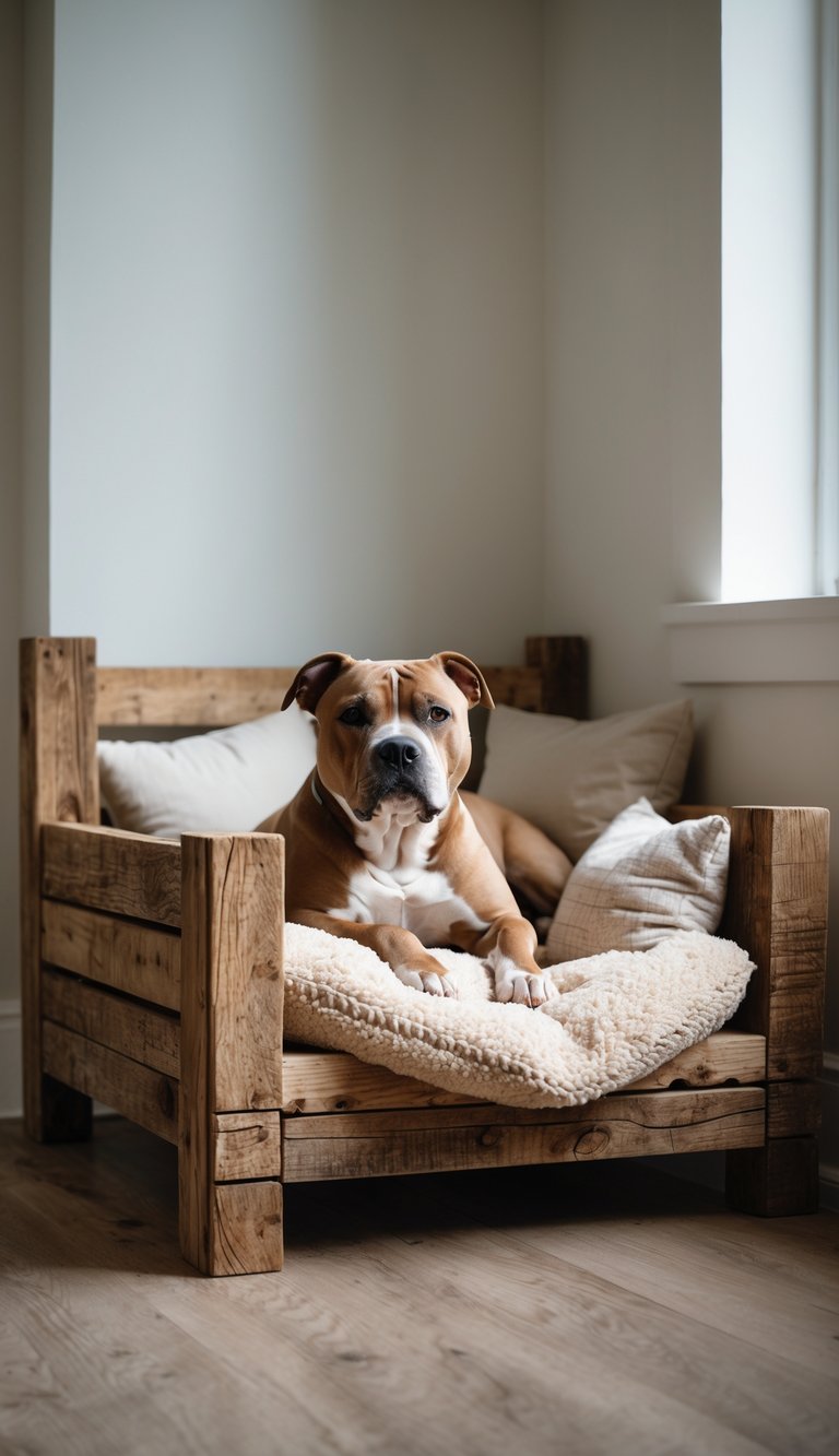 A pitbull dog resting comfortably on a rustic wooden dog bed with soft insulated bedding indoors.