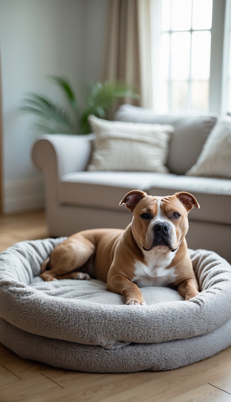 A Pitbull dog resting comfortably on a simple fleece roll dog bed in a cozy indoor room.