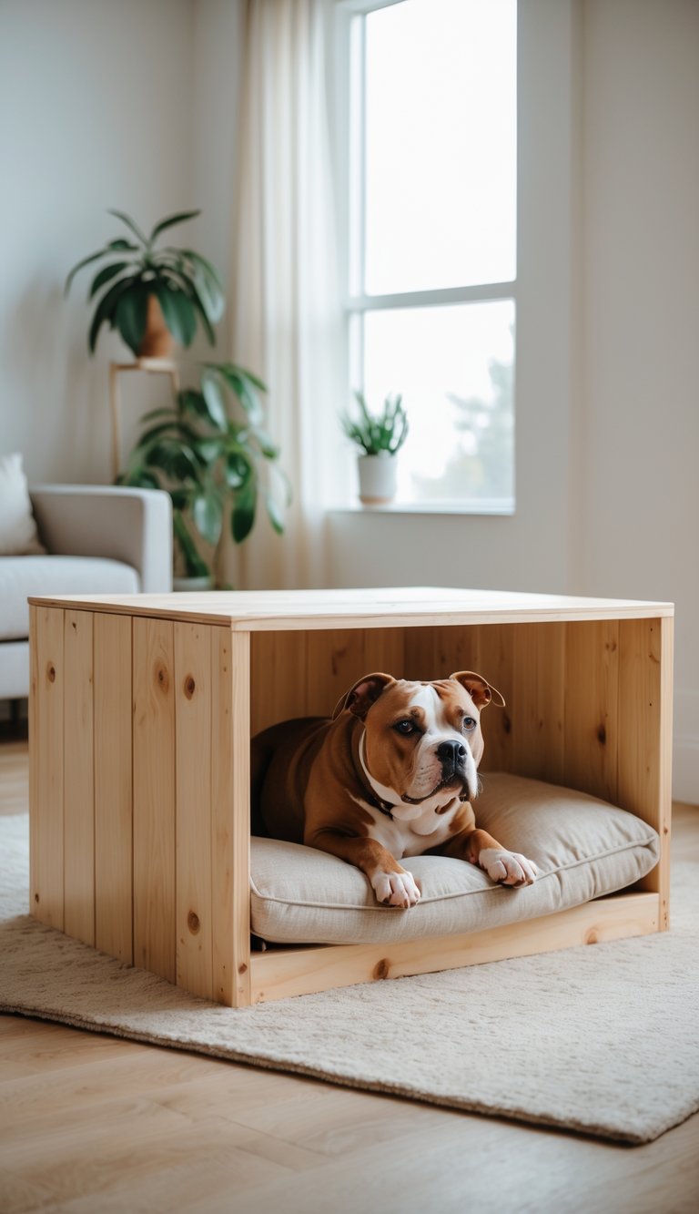 A pitbull dog lying comfortably inside a wooden cubby bed with a removable cushioned mattress in a bright living room.