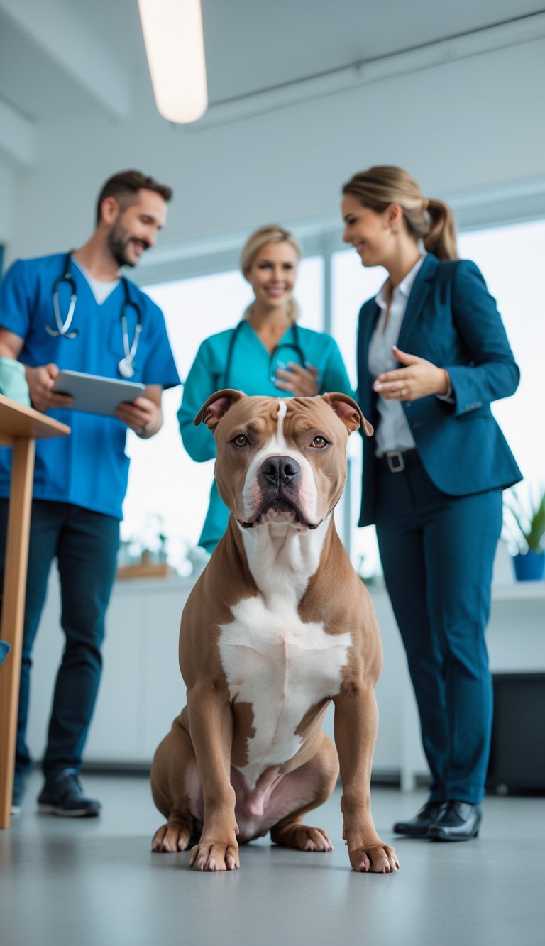 A calm adult Pitbull sitting indoors with three smiling experts discussing nearby.