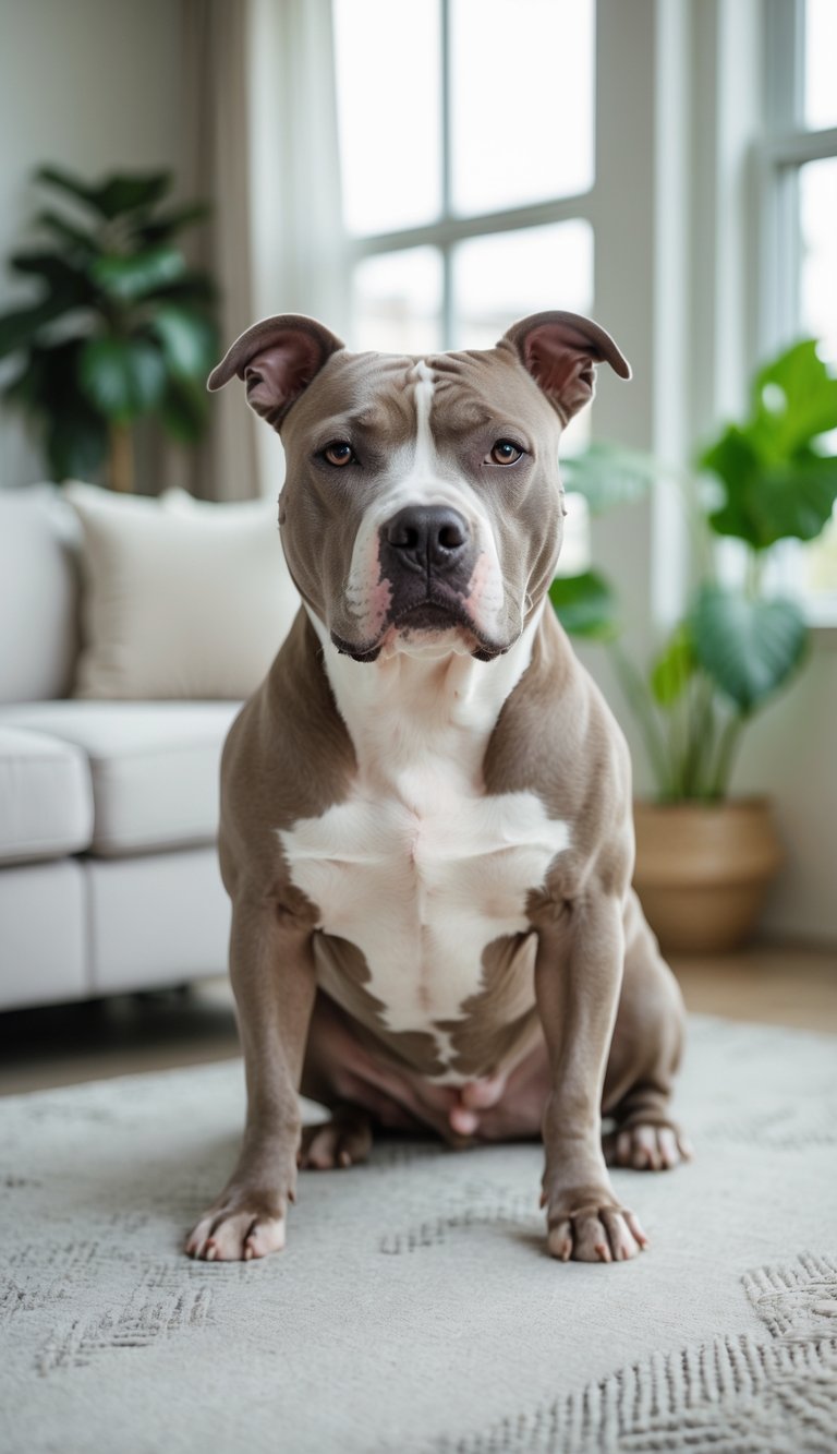A calm Pit Bull dog sitting peacefully in a bright living room with natural light and plants.