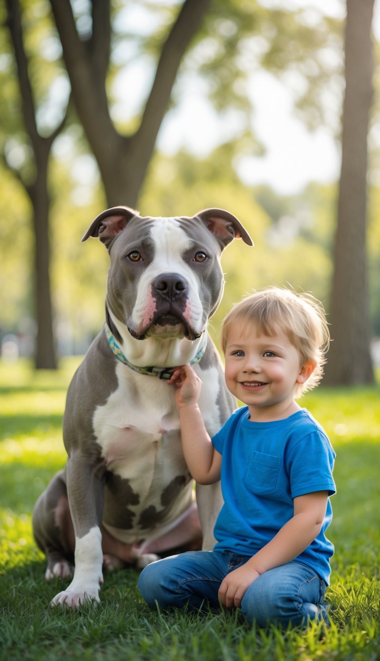 A calm Pit Bull dog sitting next to a smiling child who is petting the dog in a sunny outdoor park.