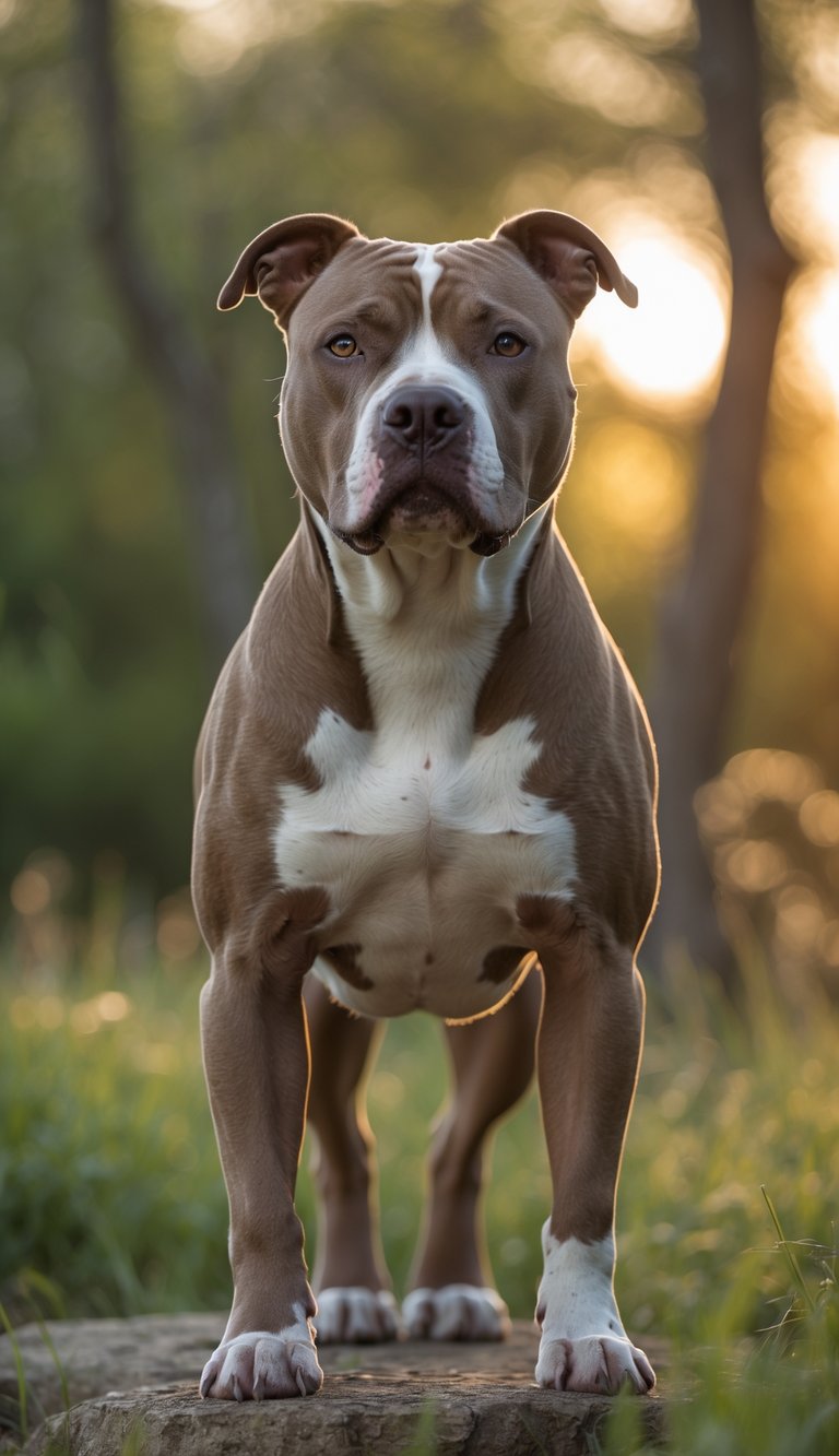 A confident adult Pit Bull standing outdoors with a calm and friendly expression, surrounded by greenery and warm sunlight.