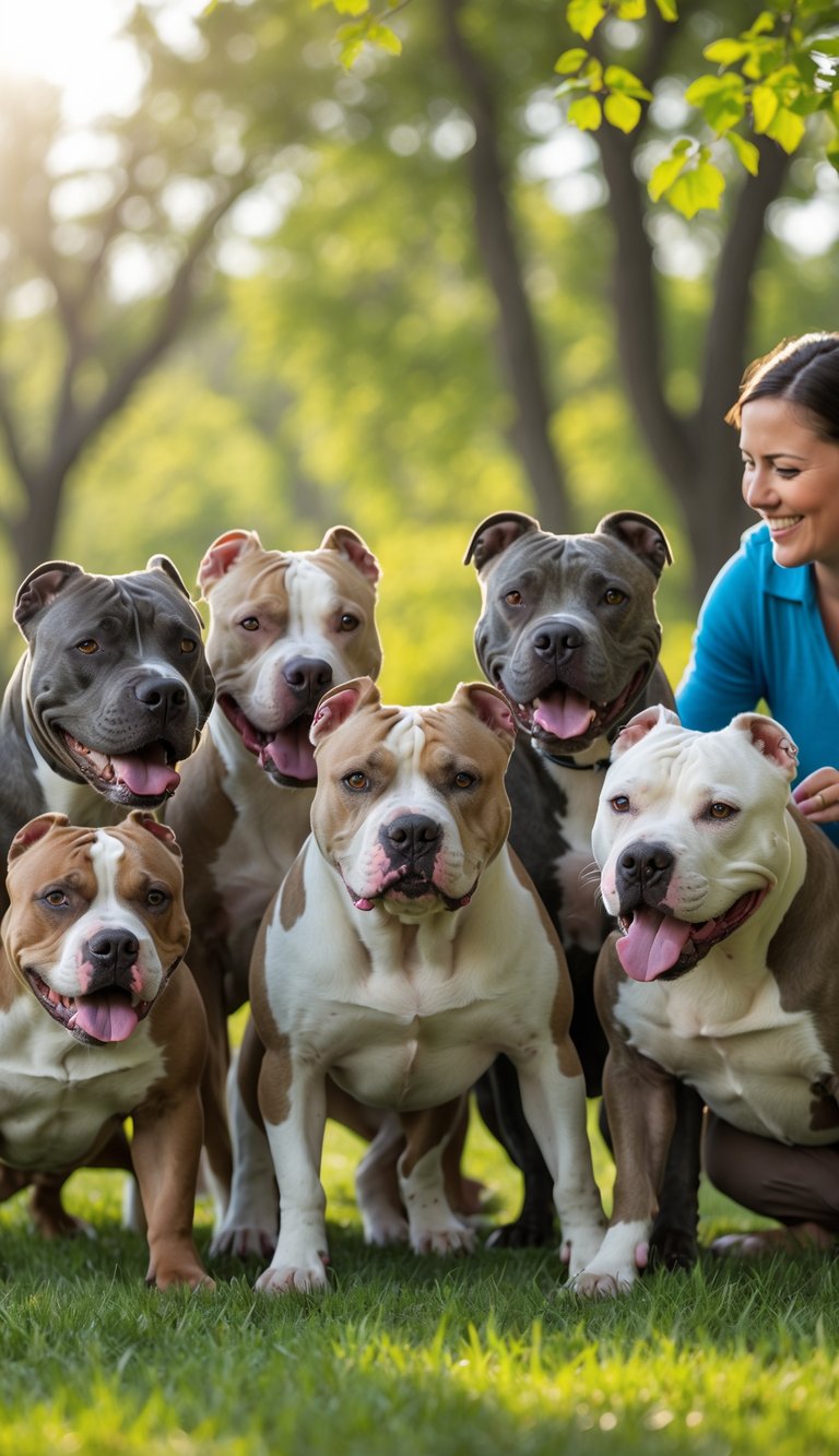 Several Pit Bulls of different colors and sizes playing happily with people in a sunny park.